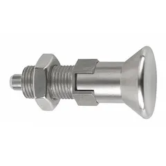 This locking pull-knob indexing plunger features an 18-8 stainless steel body and a 400 series stainless steel plunger. It has an M16x1.5 thread and includes a jam nut for secure installation. Used for precise positioning and locking of machine components such as fixtures, jigs, and sliding tables in industrial manufacturing and automation applications.