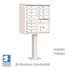 This horizontal multi-unit mailbox features 13 lockable front-access doors and measures 62 inches high by 30 1/2 inches wide by 18 inches deep. Designed for pedestal mounting, it is suitable for centralized mail distribution in multi-tenant residential or commercial settings.