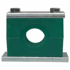 Steel clamp with polypropylene cushion for securing five lines. Ribbed bore provides grip and dampens vibration. Used in industrial piping systems for routing multiple pipes together.
