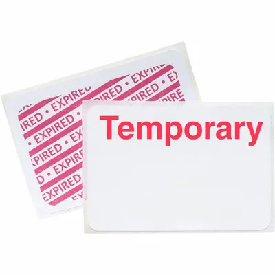 BRADY Temporary Expiring Badge: Temporary, Vinyl, White, 2 in Card Ht, 3 in Card Wd - Adhesive ID Badges