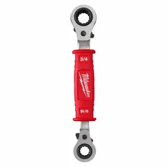 Forged steel double-end ratcheting box end wrench with 12-point heads in sizes 1/2, 9/16, 5/8, and 3/4 inch. Natural finish, tether-ready. Suitable for tightening or loosening fasteners in applications requiring electrical insulation.