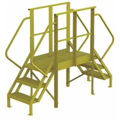 This TRI-ARC crossover bridge provides safe elevated access across obstacles in industrial settings. It features a steel perforated platform with 3 steps and a 1000 lb load capacity. The yellow finish enhances visibility for workplace safety.