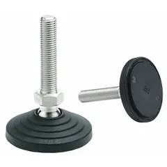 ESD-conductive male leveling mount with M12 thread size, 70 mm stud length, and 14,000 N load capacity. Features a zinc-plated finish, round base, 0.55 in hex size, and includes a no-slip disk. Used for leveling and stabilizing machinery, conveyors, and workstations where electrostatic discharge control is required.