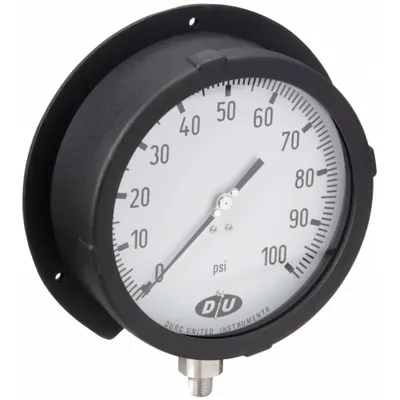 DURO Industrial Pressure Gauge: Back Flange, 0 psi to 100 psi, 6 in Dial, 1/4 in NPT Male - Back-Flange Panel-Mount with Stainless Steel Wetted Parts