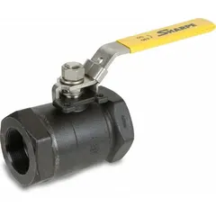 This SHARPE ball valve features a 1-inch full port design in carbon steel with a straight body and FNPT female threaded ends on both sides. The locking lever handle provides secure manual on/off flow control. Typical applications include industrial piping systems for water, oil, gas, and other media where reliable shut-off is required.