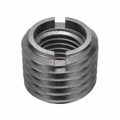 Heavy wall self-locking insert with M16-2.00 internal thread and M24-3.00 external thread. Supplied in a 5-pack. Requires 21 mm drill bit and M24-3.00 tap. External thread fit 6G, internal thread fit 6H. Used to repair or reinforce threads in metal assemblies where vibration resistance is needed.
