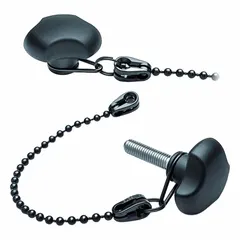 Tethered 3-arm knob with M8 threaded steel stud, 40 mm diameter, and 200 mm black POM-based technopolymer tether. Black plastic body with POM seal. Used for manual adjustment and clamping where tool retention is needed.