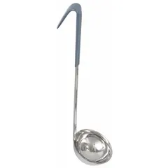 This CRESTWARE ladle is made of stainless steel with a gray, unfinished finish. It has a 4 oz capacity and a 14-inch overall length. Designed for portioning and serving liquids such as soups, sauces, and gravies in food service operations.