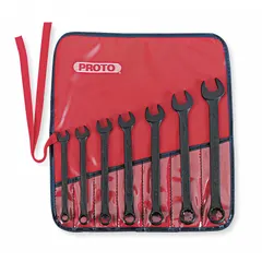 This 7-tool SAE 12-point combination wrench set is made from alloy steel with a black oxide finish. Each wrench features a 15° head offset angle for improved access in confined spaces. The set is supplied in a canvas pouch and is suited for fastening and loosening bolts and nuts in automotive, industrial, and mechanical applications.
