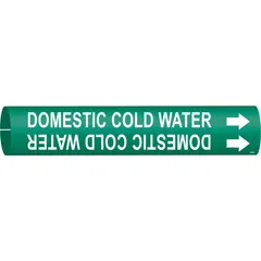 This snap-on pipe marker identifies domestic cold water lines. It features a green background with white legend and includes directional arrows. Designed for pipe outer diameters from 1-1/2 to 2-3/8 inches. Suitable for use in industrial and commercial facilities to help locate and verify piping systems.
