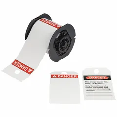White polyester danger tags on a roll, 5 3/4 in x 3 1/4 in, 100 tags per roll. For indoor/outdoor use. Compatible with S3700 printer series; requires B30-R10000 ribbon. Used for hazard warning labeling in industrial settings.