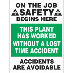 This safety poster is printed in English on white plastic with a clear film laminate protective coating. It has a nominal sign size of 22 in x 17 in and is a solid, non-writable poster without a frame. Suitable for workplace safety communication in industrial environments.