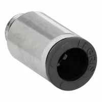 Nickel-plated brass push-to-connect adapter fitting with silver finish. Connects 5 mm pipe to 6 mm OD tubing in pneumatic and fluid handling systems. Suitable for industrial automation and material handling applications requiring leak-free connections