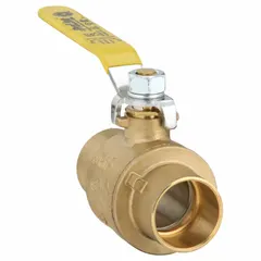 This brass ball valve is a manual two-way, straight pattern valve with sweat x sweat connections for copper pipe installation. The two-piece body and lever handle enable quarter-turn on/off flow control in plumbing and HVAC systems.