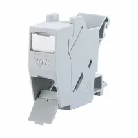 This termination unit is a DIN rail-mount housing made of polyamide, designed for use with RJ45 connectors. It supports OpDAT ST connections and is supplied unequipped (no connector included). The housing is light gray and suitable for organizing cabling in industrial control panels and data networks