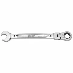 This MILWAUKEE combination wrench features a 14 mm 12-point ratcheting box end for efficient fastener tightening and loosening in confined spaces. The chrome finish resists corrosion, and the 198 mm overall length provides adequate leverage. Suitable for general maintenance, assembly, and repair tasks on metric fasteners.