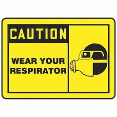 Adhesive vinyl sign with caution message reminding personnel to wear respirators. Suitable for mounting on clean, dry surfaces in areas where respiratory protection is required. Sold in a 5-pack. Each sign measures 3 1/2 in x 5 in with a thickness of 0.02 in. Not retroreflective, not glow-in-the-dark, and has no anti-slip surface.