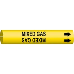 Yellow snap-on pipe marker with black legend reading 'Mixed Gas' and directional arrows. Fits pipe outer diameters from 2-1/2 to 3-7/8 inches. Used to identify pipes carrying mixed gas in industrial piping systems, aiding in safe operation and maintenance.