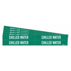 Green adhesive pipe markers with white legend reading 'Chilled Water' for identifying pipes carrying chilled water in HVAC and plumbing systems. Each marker fits pipe outer diameters from 3/4 to 2-3/8 inches. Pack includes 4 markers without directional arrows. Sold in a 5-pack.