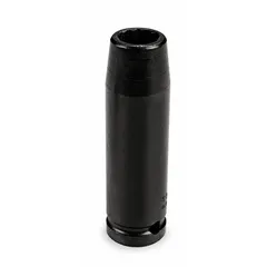 This 1/2" drive impact socket features a 3/4" SAE 12-point deep design with an overall length of 3-1/4 inches. It is intended for use with impact wrenches to fasten or loosen fasteners in heavy-duty applications such as automotive repair and industrial maintenance.