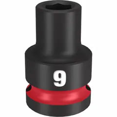 This 1/2" drive impact socket is designed for use with impact wrenches on metric 9 mm fasteners. The 6-point configuration provides a secure grip on hex fasteners, while the black phosphate finish offers corrosion resistance. Suitable for fastening and loosening applications in industrial assembly, maintenance, and repair tasks.