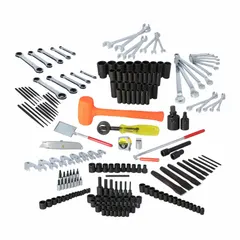 This 215-piece tool-only set includes 98 impact sockets and 10 ratcheting double box wrenches in both Metric and SAE sizes. Sockets feature 1/2 in and 3/8 in drives. Suitable for heavy-duty fastening and loosening in industrial maintenance, automotive repair, and assembly.