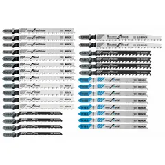 30-piece T-shank jigsaw blade set for cutting wood. Includes blades with overall lengths of 3 in, 3-5/8 in, and 4 in, and tooth counts ranging from 6 to 24. Contains four T 101 D Clean for Wood blades. Suitable for general woodworking and carpentry tasks.