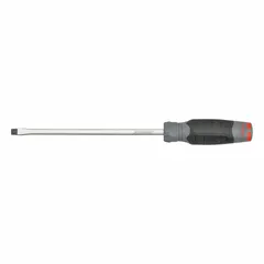 This general purpose slotted screwdriver features a 5/16 in tip size and an 8 in shank length, with a 12 3/4 in overall length. The long length design provides extended reach for driving and removing slotted screws in assembly, maintenance, and repair tasks. A cushion grip enhances user comfort during prolonged use.