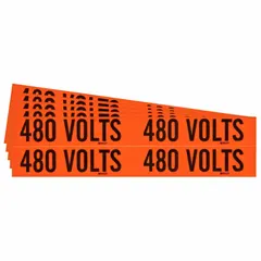 Self-stick vinyl markers for identifying 480-volt circuits. Each pack contains 5 labels with a 4 1/8-inch width and 1 1/8-inch height, featuring a '480 Volts' legend in Label Style B. Suitable for marking conduits and electrical equipment in industrial facilities.