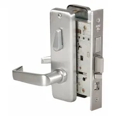 This BEST office lever lockset features a chrome finish, ADA-compliant lever operation, and an interchangeable core for key control. Designed for commercial interior doors, it is suitable for offices, institutions, and light-commercial settings where passage or privacy function (F20) is required. The satin chromium-plated stainless steel construction offers corrosion resistance in high-traffic applications.