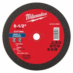 This Type 1 cut-off wheel is made of aluminum oxide with 30 grit, measuring 6-1/2 inches in diameter, 1/8 inch thick, with a 5/8-inch arbor. It is designed for general-purpose cutting of carbon and stainless steel in metal fabrication, maintenance, and construction applications.