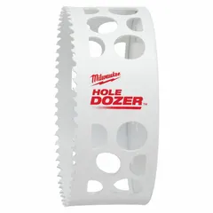 This hole saw cuts through wood, metal, and plastic without requiring an arbor. It has a 4-5/8 in diameter, 3.5 teeth per inch, a 5/8"-18 thread size, and a 3 in maximum cutting depth. Suitable for creating clean holes in multi-material surfaces for electrical, plumbing, and HVAC installations.