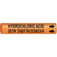 Orange snap-on pipe marker with black legend reading 'Hydrochloric Acid' and directional arrows. Fits pipe outer diameters from 3/4 to 1-3/8 inches. Used to identify pipes carrying hydrochloric acid in industrial piping systems.