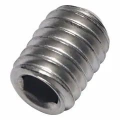 Metric cup point set screw with M6x1 thread and 8 mm overall length. Made of titanium with a plain finish and socket drive. Used to secure components onto shafts, with the cup point providing resistance against slippage.