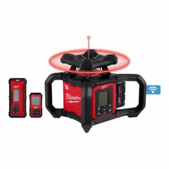 Red beam rotary laser level kit with electronic self-leveling and automatic grade match. Horizontal accuracy of 1/16 in at 100 ft. Includes receiver for up to 4,000 ft range. Operates on 18V Lithium Ion system. Used for horizontal and vertical alignment in construction, grading, and interior layout tasks.
