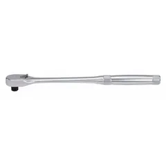 This reversible standard-head ratchet features a chrome finish and a pear head design. With a 3/8-inch drive size and 11-inch overall length, it provides an 8° minimum arc swing for operation in confined spaces. Suitable for tightening and loosening fasteners in maintenance and repair tasks.