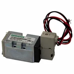 Four-way, two-position, single-solenoid, spring-return directional control valve with 24V DC coil. Female 1/8 in NPT ports with plug-in, non-locking manual override. Used to direct compressed air in pneumatic systems for actuating cylinders or actuators in industrial automation.