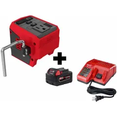 This power supply kit provides 18V DC output from Milwaukee M18 batteries to power or charge M18 cordless tools. It features three ports for simultaneous use. Suitable for job-site charging and portable power in construction and maintenance applications.