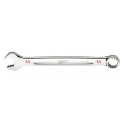 This SAE 12-point combination wrench features a 3/4 in head size and 9-3/4 in overall length. The chrome finish provides corrosion resistance. Suitable for tightening and loosening fasteners in maintenance, assembly, and repair tasks.