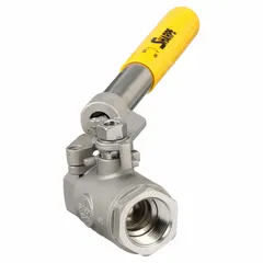 Straight valve body ball valve with 1-inch FNPT x FNPT connections. Constructed from 316 stainless steel with a polymer seat and PTFE seals. Features a locking lever handle for secure manual on/off flow control. Suitable for use in industrial piping systems handling liquids, gases, or slurries.