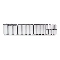 This 15-piece socket set includes 6-point SAE sockets with a 1/2 in drive, ranging from 3/8 in to 1-1/4 in. Deep sockets are included for accessing recessed or extended fasteners. The set is tether ready for tool security at height. Suitable for fastening and loosening hex nuts and bolts in maintenance and repair tasks.