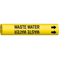 This snap-on pipe marker identifies waste water lines in industrial piping systems. It features a yellow background with black legend text reading 'Waste Water' and includes directional arrows to indicate flow direction. Designed to fit pipe outer diameters from 1-1/2 to 2-3/8 inches, the marker is supplied as a single unit.