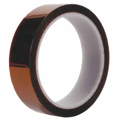 This high-temperature film masking tape is made of polyimide film with a silicone adhesive, colored brown. Each roll is 1/2 inch wide, 36 yards long, and 2 mils thick, supplied in a 72-pack. It is commonly used for masking in wave soldering, powder coating, and other thermal processes where heat resistance is required.