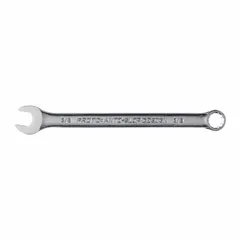 This SAE 12-point combination wrench has a 3/8 in head size and a 6 in overall length. The 15° offset angle on the box end improves access to fasteners in confined spaces. The satin finish provides a corrosion-resistant surface. Suitable for tightening or loosening fasteners in mechanical and industrial applications.