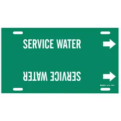 Green strap-on pipe marker with white legend text reading 'Service Water'. Fits pipe outer diameters of 8 to 9-7/8 inches and includes directional arrows. Used to identify service water lines in piping systems.