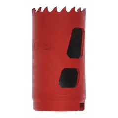Multi-material-cutting hole saw with 1 1/8 in diameter, 5/6 teeth per inch, and 1/2"-20 thread size. Maximum cutting depth of 1 7/8 in. Designed for use without an arbor, suitable for cutting wood, metal, plastic, and drywall in general fabrication and maintenance applications.