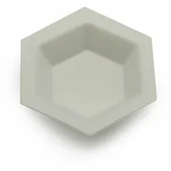 White polystyrene weighing boat with hexagon shape, 6 mL capacity, and 1 1/2 in overall width. Suitable for weighing powders, granules, and small samples in laboratory settings.