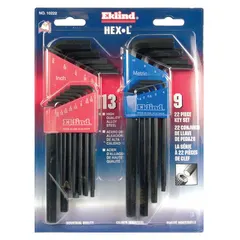 This 22-piece L-shaped hex key set includes both metric and SAE sizes in Hex-L Long and standard end long configurations. The keys feature a black oxide finish. Suitable for tightening or loosening hex socket screws and bolts in industrial maintenance, assembly, and repair tasks.