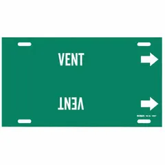 Green pipe marker with white legend reading 'Vent' and directional arrows. Fits pipe outer diameters from 6 to 7-7/8 inches. Used to identify ventilation pipes in industrial piping systems for safety and compliance.