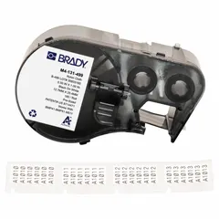Precut label roll cartridge for BMP41 printer series. Labels measure 1/2 in x 1 in. Material is autoclavable nylon/cryogenic nylon, halogen-free. Suitable for labeling in environments requiring sterilization or cryogenic resistance.